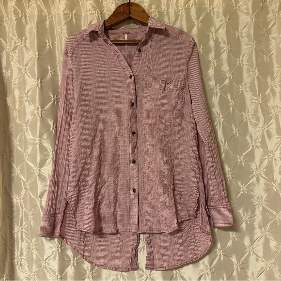 Free People No Limits Striped Split Back Top Red Pink Sangria Combo Button Front - Picture 3 of 12